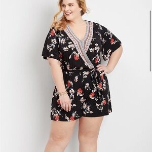 Floral Wrap Romper 2X Plus Size Black Boho V Neck Tie Waist Shorts NWOT
